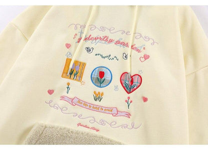 Hoodie Men Furry Patchwork Big Pockets Letter Graphic  Embroidery