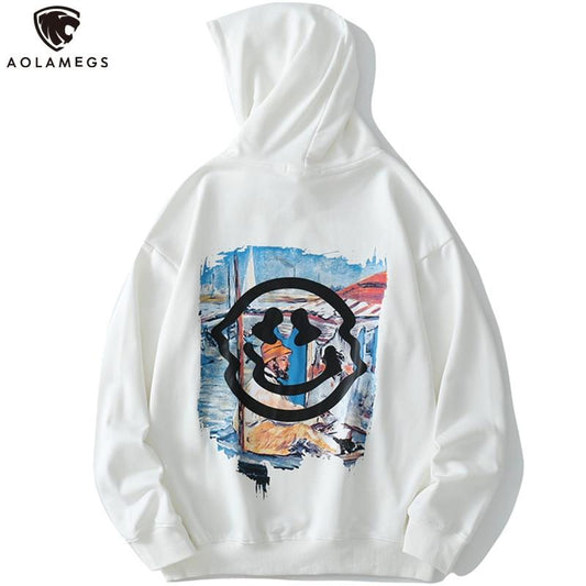 Hoodie Men Colorful Funny Illustration Print Hooded Pullovers Japanese