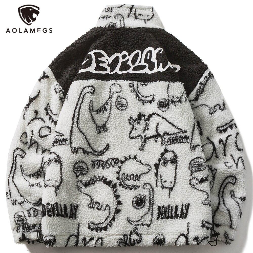 Lambswool Parkas Winter Jacket Men Dinosaur Graffiti Fuzzy Casual