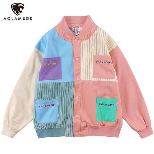 Jacket Men Colorful Patchwork Coat High Street College Style Outwear