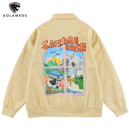 Jackets Men Cartoon Bear Graffiti Letter Print Turn-down Collar Coats