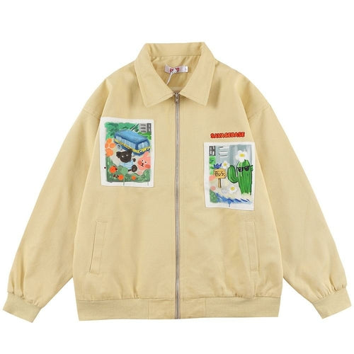 Jackets Men Cartoon Bear Graffiti Letter Print Turn-down Collar Coats