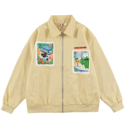 Jackets Men Cartoon Bear Graffiti Letter Print Turn-down Collar Coats