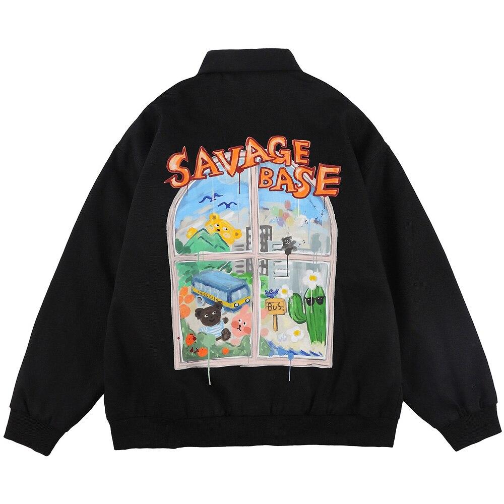 Jackets Men Cartoon Bear Graffiti Letter Print Turn-down Collar Coats