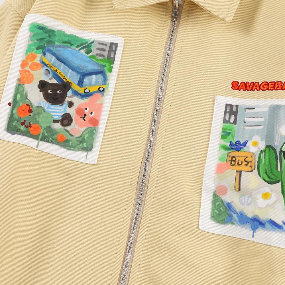 Jackets Men Cartoon Bear Graffiti Letter Print Turn-down Collar Coats