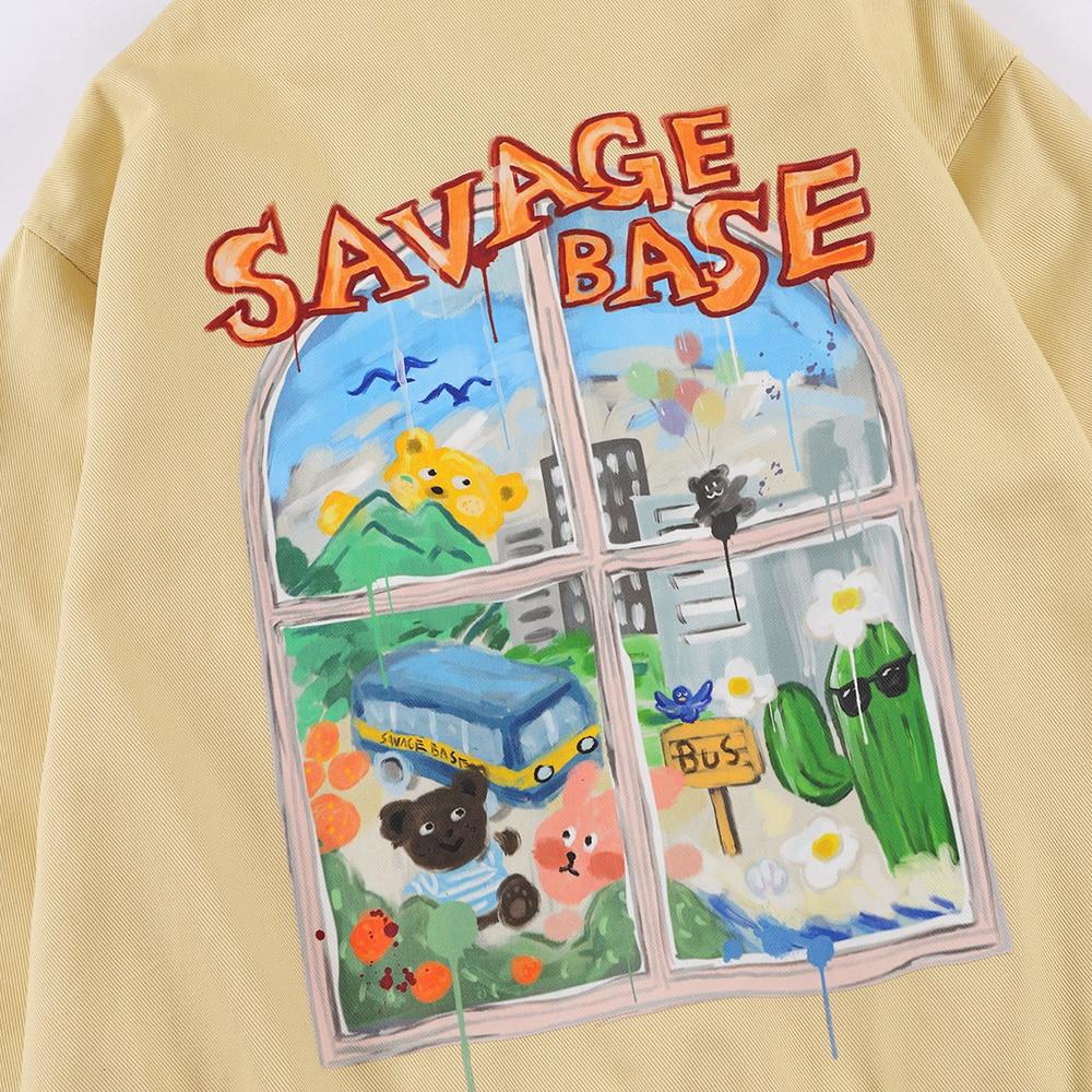 Jackets Men Cartoon Bear Graffiti Letter Print Turn-down Collar Coats