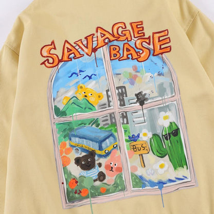 Jackets Men Cartoon Bear Graffiti Letter Print Turn-down Collar Coats