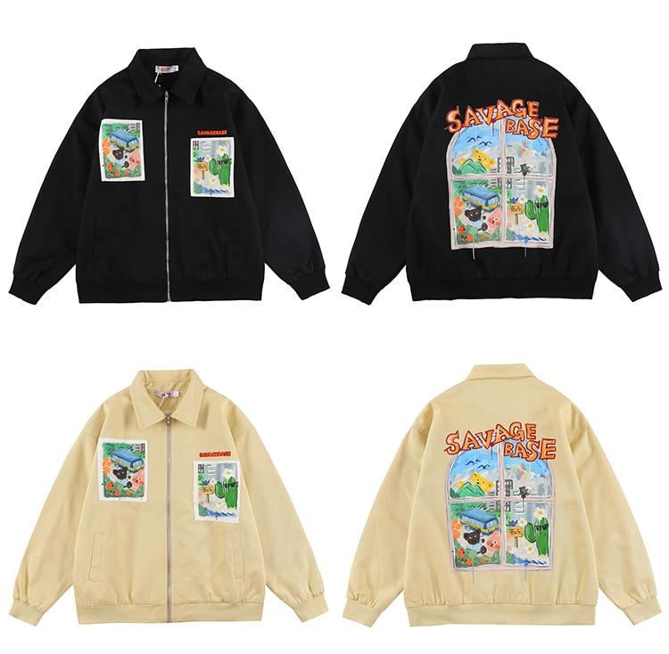Jackets Men Cartoon Bear Graffiti Letter Print Turn-down Collar Coats