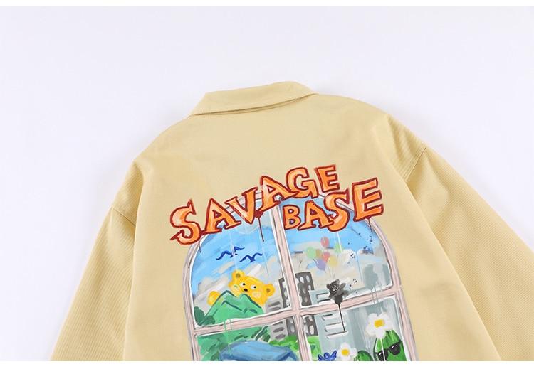 Jackets Men Cartoon Bear Graffiti Letter Print Turn-down Collar Coats