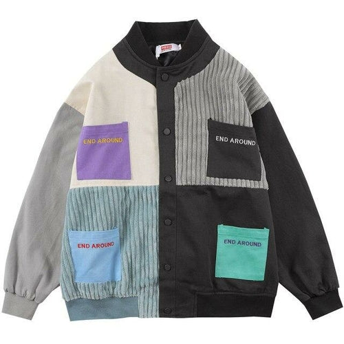 Jacket Men Colorful Patchwork Multi-Pocket Coat Japanese Vintage
