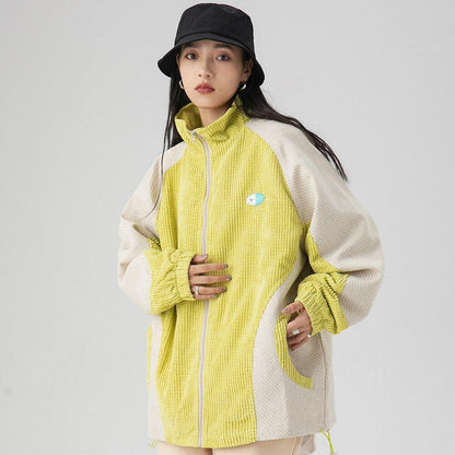 Unisex Track Jacket Color Block Drawstring Loose Cozy