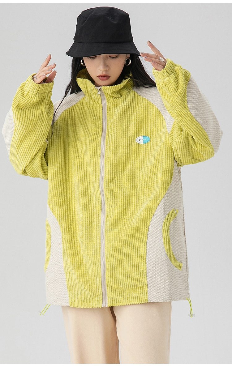 Unisex Track Jacket Color Block Drawstring Loose Cozy