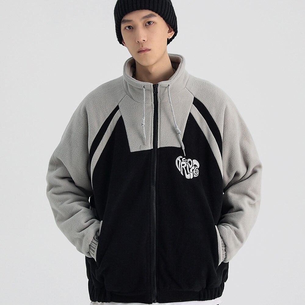 Jacket Men Letter Embroidery Color Block Soft Cozy Zipper Coats Unisex