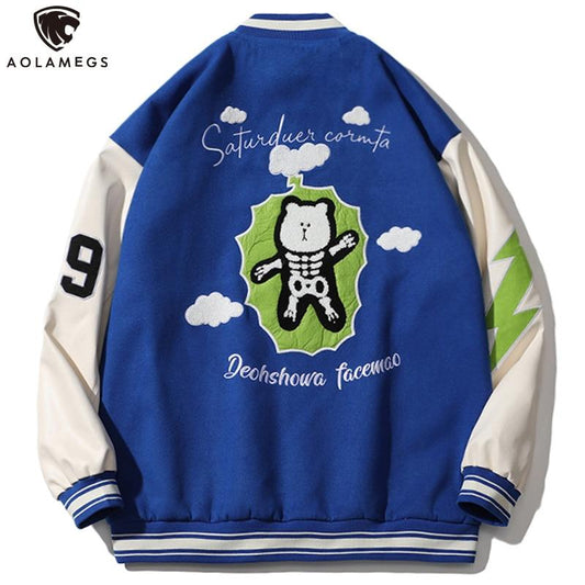Letter Bear Skeleton Patchwork Baseball Jacket