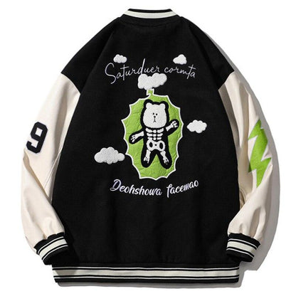 Letter Bear Skeleton Patchwork Baseball Jacket